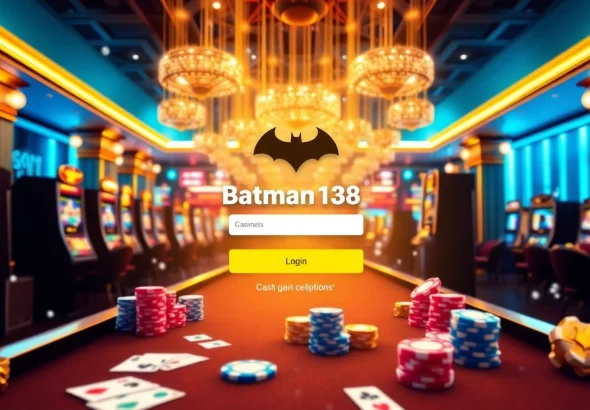 Engage with the Batman138 login experience featuring vibrant slot machines and poker chips in a luxurious casino setting.