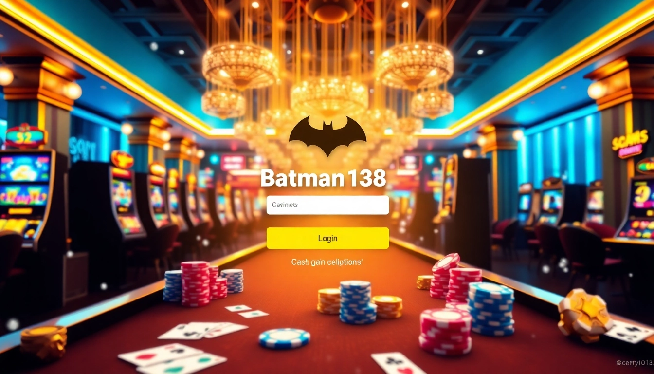 Engage with the Batman138 login experience featuring vibrant slot machines and poker chips in a luxurious casino setting.